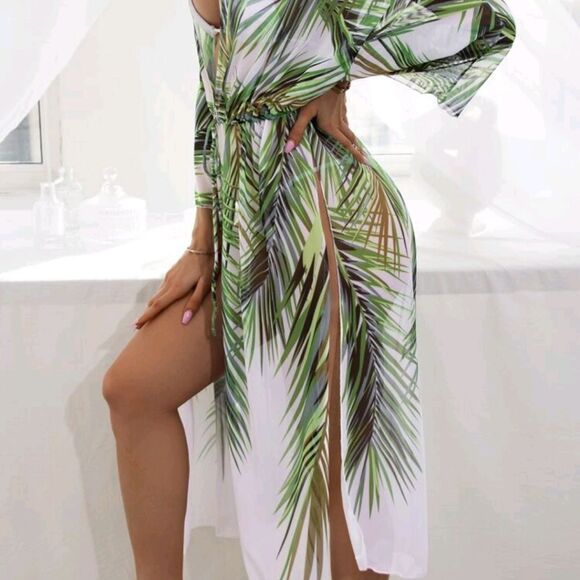 Tropical Leaf Print Swim Cover-Up XL - Picture 3 of 6